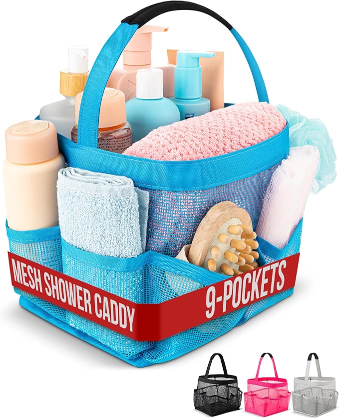 Masirs Shower Caddy Mesh - 9 Pocket Portable Bathroom Organizer Tote for Travel, Gym & Dorm - Collapsible Small Shower Caddy Bag to Hold Toiletries & Essentials (Blue)