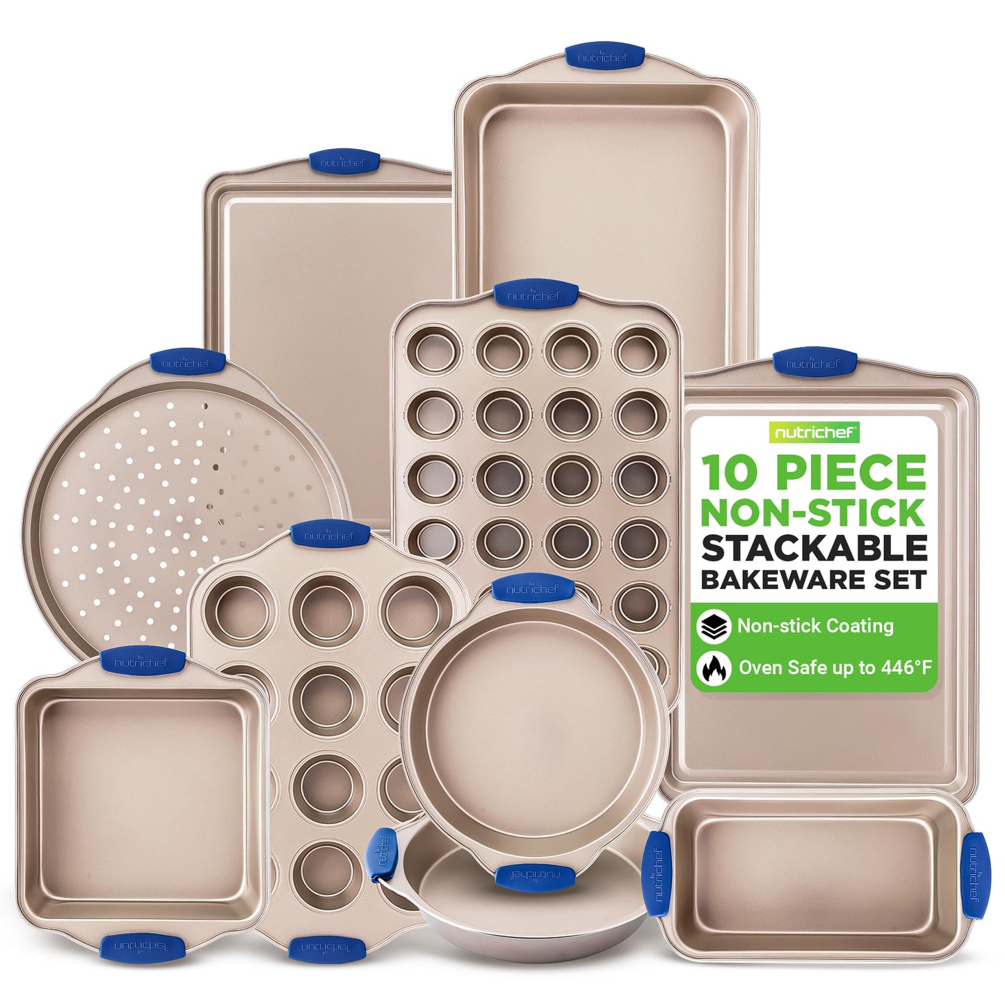 NutriChef 10-Piece Nonstick Bakeware Set - Premium Carbon Steel Baking Pan Set w/Heatsafe Silicone Handles, Includes Pizza Crisper, Loaf Pan, 12 & 24 Cup Muffin Pans, Cake Pans, Cookie Sheets