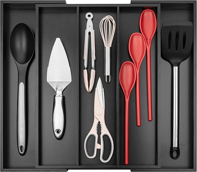 Purawood Kitchen Drawer Organizer - Expandable Utensil Drawer Organizer for Kitchen, Cutlery Tray & Silverware Organizer, 3-5 Slots - Bamboo Organizer for Utensils & Flatware (Grey)