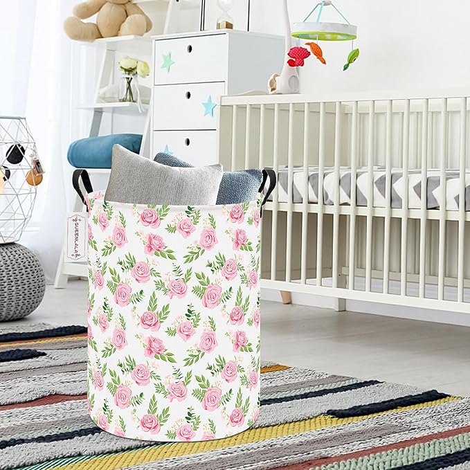 QUEENLALA Large Storage Basket,Laundry Hamper/Bathroom/Home Decor/Collapsible Round Storage Bin,Boys and Girls Hamper/Boxes/Clothing(Round-Pink roses)