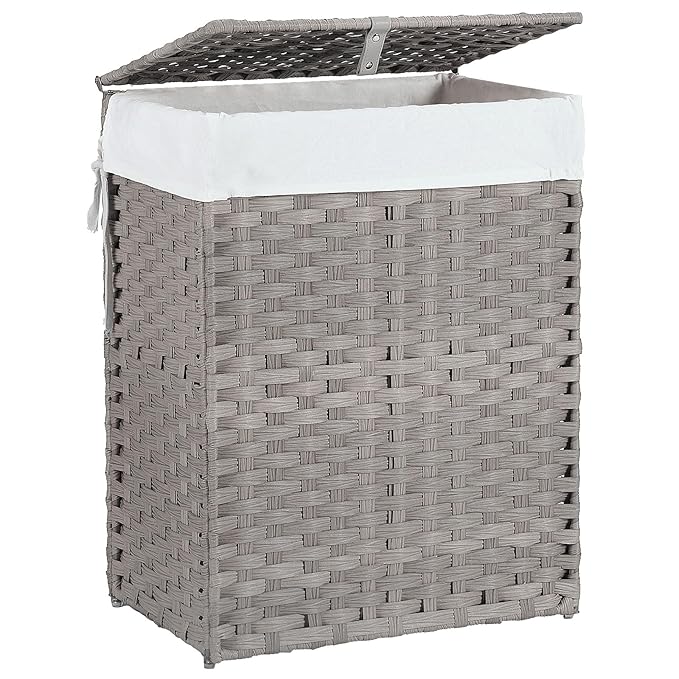 DUMOS Wicker Laundry Basket with Lid, 24 Gallon (91L) Woven Laundry Hamper with Handles, Foldable Rattan Clothes Hamper with Removable Liner & Sturdy Steel Frame, Dove Gray