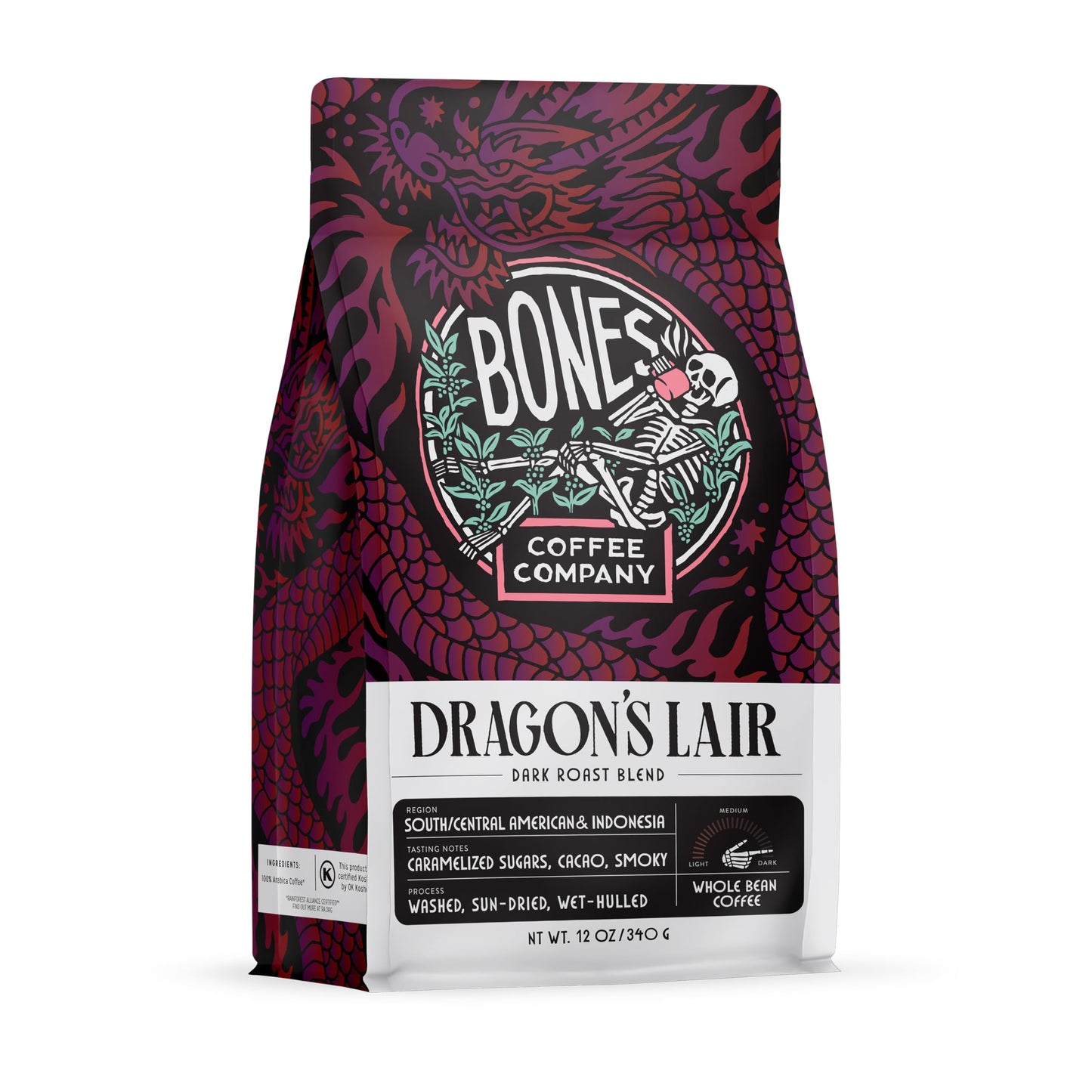 Bones Coffee Company High Voltage, Highly Caffeinated Unflavored Coffee, Medium Roast Low Acid Arabica Beans Compatible with Auto drip and French Press Coffee Maker, 12 Oz Whole Bean