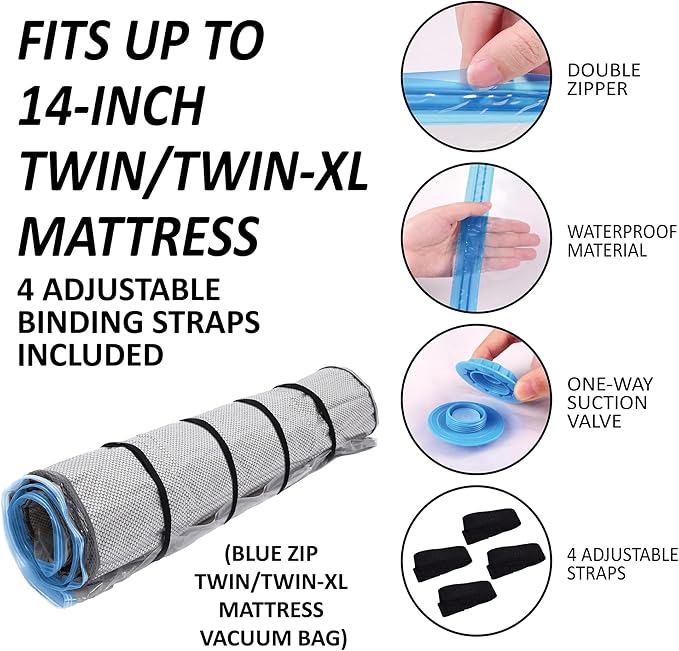Storage Logic Twin/Twin-XL Foam Mattress Vacuum Bag with Blue Zipper, Vacuum Seal Mattress Bag, Straps Included