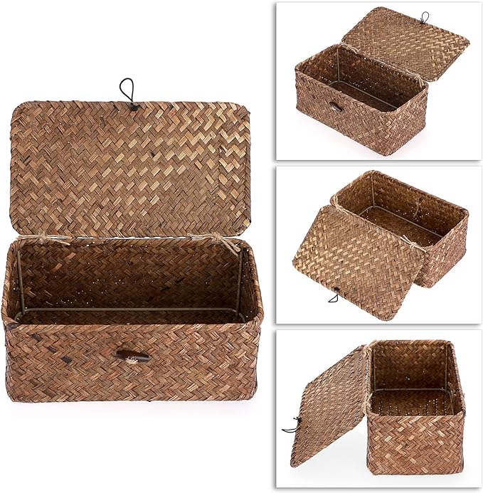Sumnacon Small Wicker Basket with Lid Rectangle Woven Baskets for Toiletries Tampon Storage,Wicker Storage Basket with Lid,Decorative Seagrass Storage Baskets for Shelf Bathroom Toilet Table, Coffee