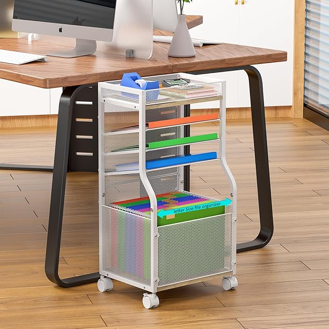 5-Tier Rolling File Cart with Hanging File Folders, Mobile Desk File Organizer on Lockable Wheels, Wood & Mesh Paper Letter Sliding Trays Organization for Office, Home, School, Patent