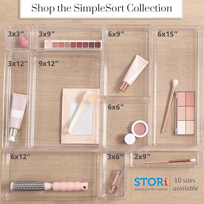 STORi SimpleSort 6-Piece Stackable Clear Drawer Organizer Set | 6" x 3" x 2" Rectangle Trays | Small Makeup Vanity Storage Bins and Office Desk Drawer Dividers | Made in USA