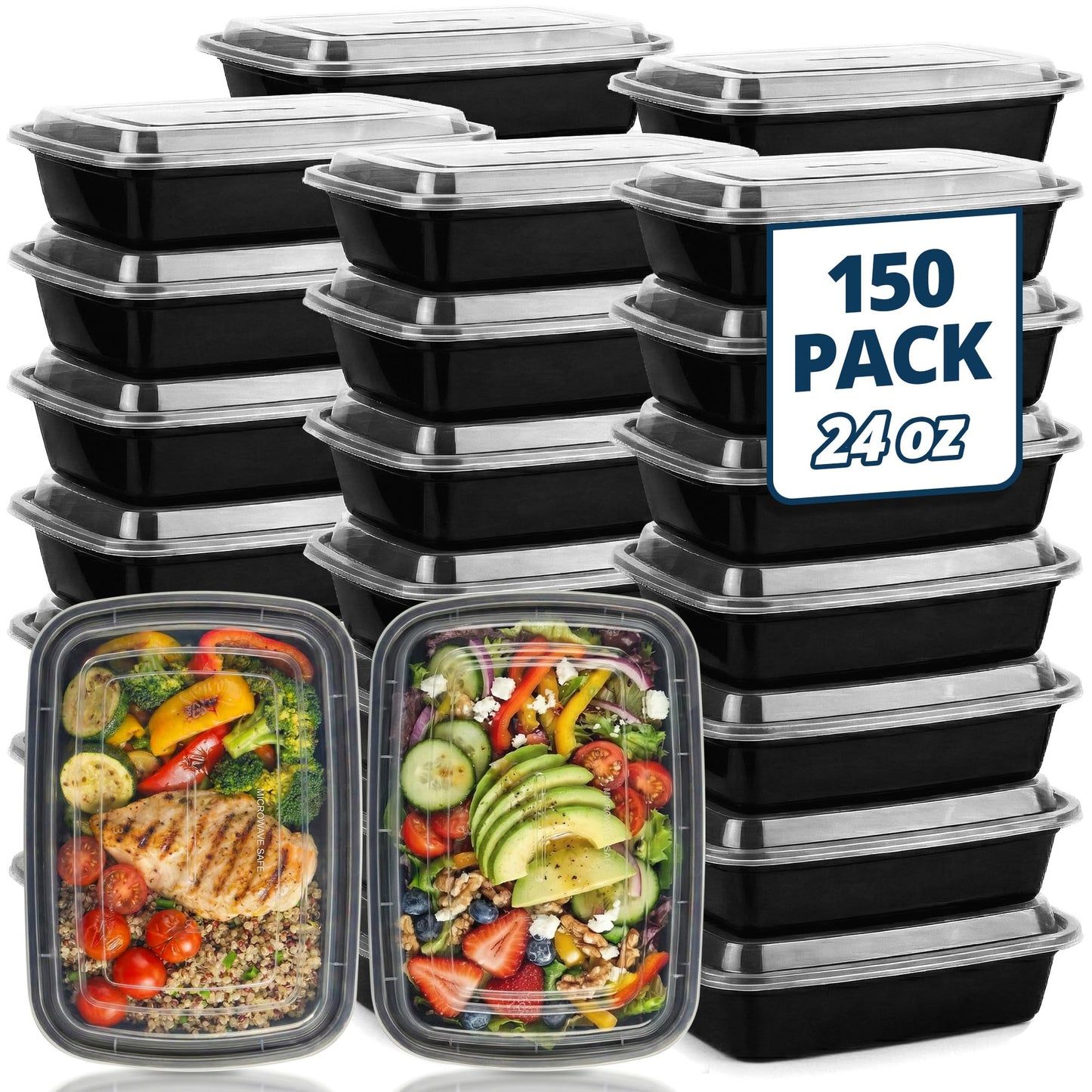 TIYA Food Containers - 24 oz Bulk 150 Pack with Lids - Rectangular Plastic To-Go Containers - Reusable, Microwavable, Dishwasher Safe - Leak-Proof for Meal Prep - BPA-Free