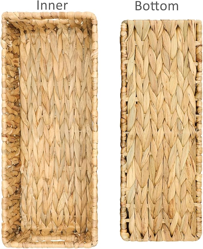 Nesting Small Wicker Basket, Water Hyacinth Toilet Paper Baskets Bathroom Organizer Woven Long Narrow Baskets for Organizing Pantry Bathroom Toilet Tank, 2 Pack
