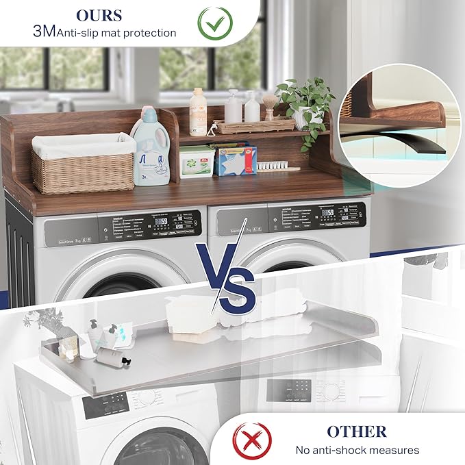 DTK Washer Dryer Wood Countertop with Shelf, Laundry Topper with Non-Slip Mat,27.55" Depth x 54" Width Dryer Covers for The Top with Edge Rails (Dark Walnut)