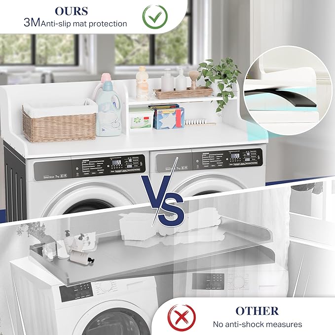 DTK Washer Dryer Wood Countertop with Shelf, Laundry Topper with Non-Slip Mat,27.55" Depth x 54" Width Dryer Covers for The Top with Edge Rails (White)