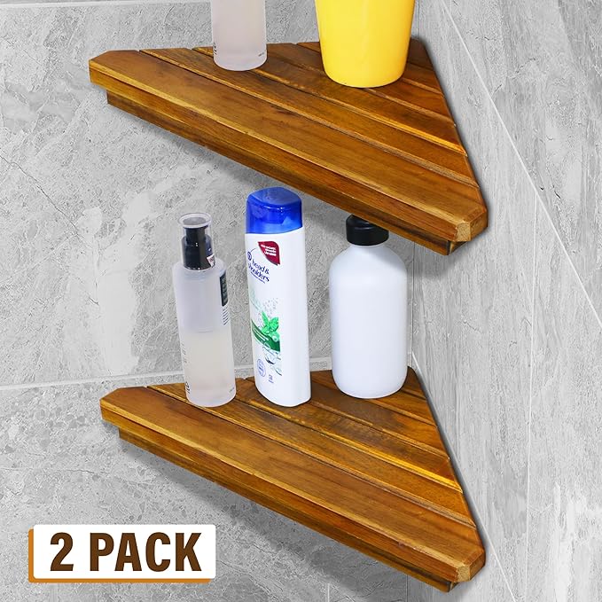 Wooden Corner Shower Shelf Triangular Corner Shelf Wooden Bathroom Shelf for Tiled Wall, 2 Pack Shower Corner Shelf, No Drilling Requied