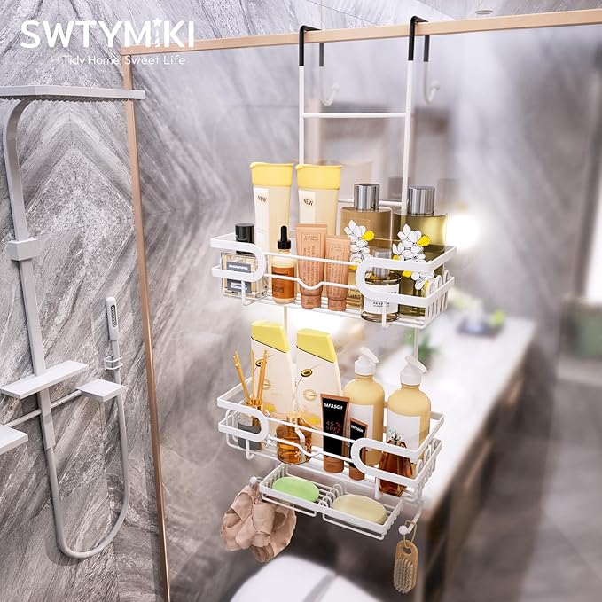 SWTYMIKI Over The Door Shower Caddy With Double Soap Holder, Hanging Shower Caddy With 16 Hooks, No Drilling Hanging Shower Organizer Over Door To Organize Bathroom Essentials, White