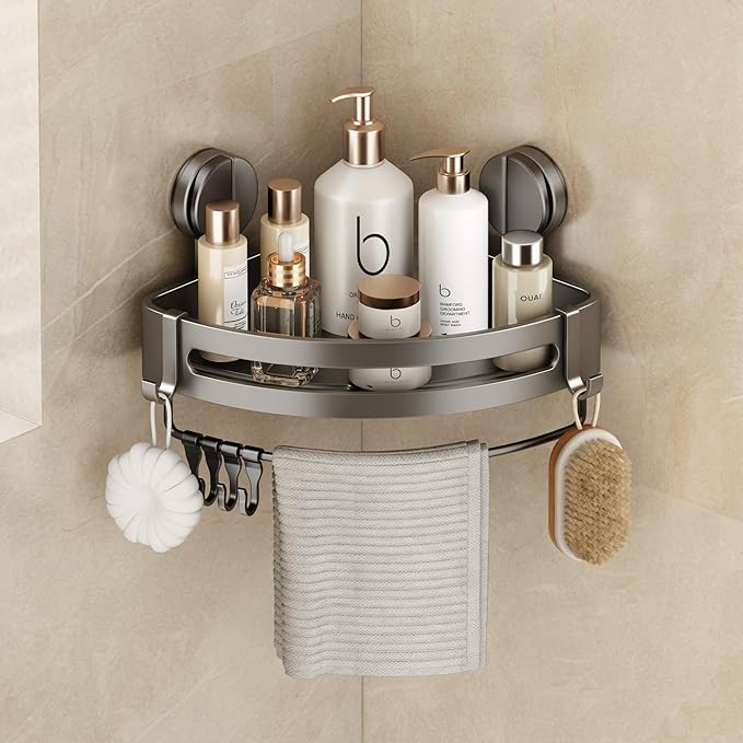 VOLPONE Shower Caddy Suction Cup, 1 Pack Corner Shower Shelves No Drilling, Showers Organizer Storage with Towel Bar & Removable Hooks, Bathroom Shower Shelf Rack for Inside Showers, Triangle