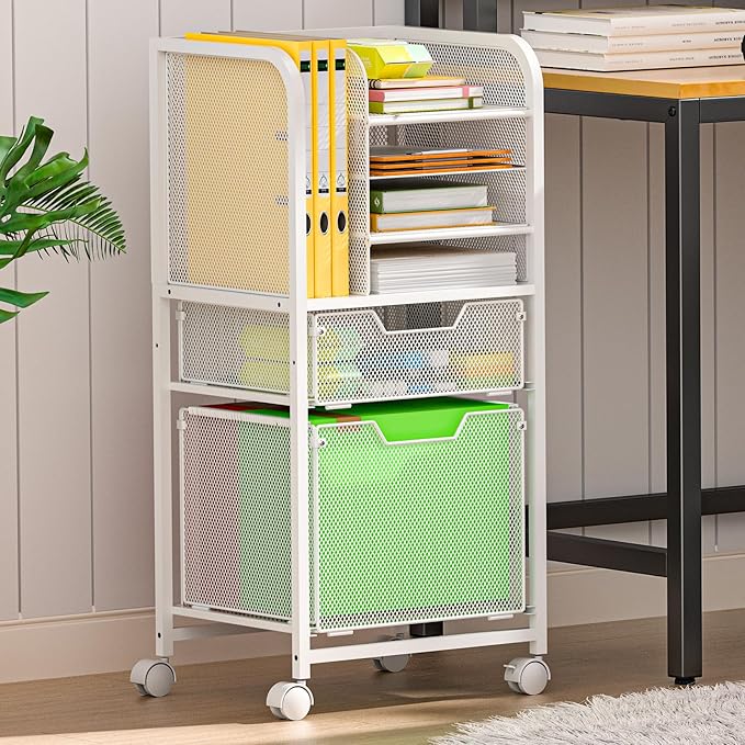 Rolling File Cart with 2 Drawers, White File Cabinet Organizer for Hanging File Folders, Letter-Size File Storage with Wheels, Multi-Layer Mobile Filing Cabinet for Office and Home, White