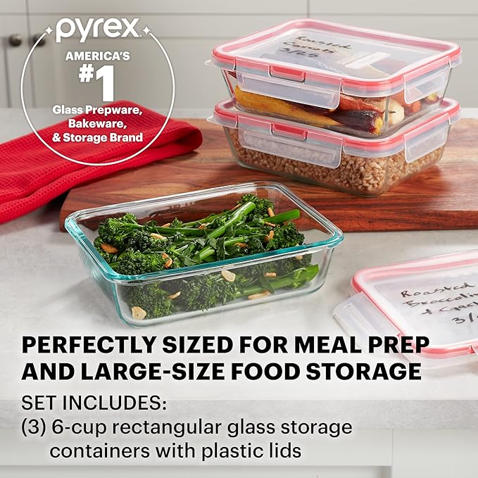 Pyrex Freshlock (3-Pack, 6 Cup) Glass Food Storage Containers Set, Airtight & Leakproof Plastic Locking Lids BPA-Free, Meal Prep Containers Set, Freezer Dishwasher Microwave Safe