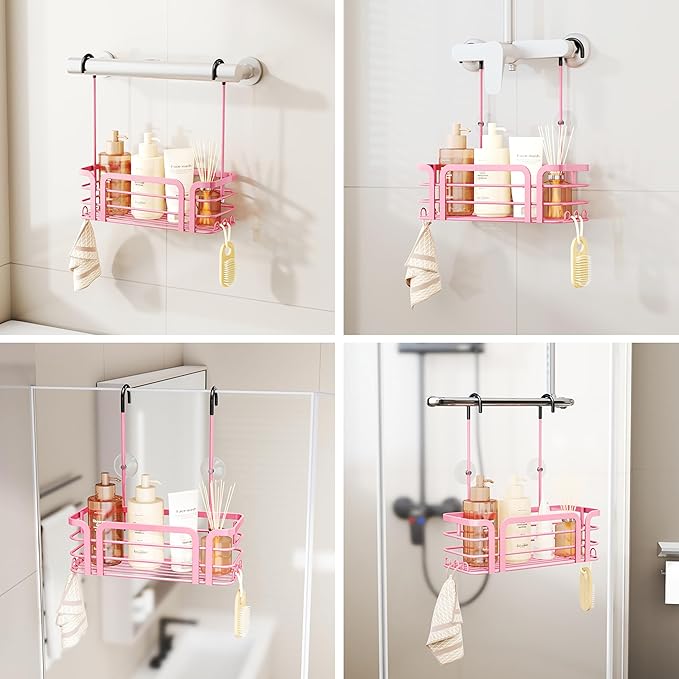 SWTYMIKI Shower Caddy Hanging Organizer - Over the Door Shower Caddy with 6 Hooks, 2 Installation Ways, Stainless Steel Rustproof Bathroom Organizer, Pink Small