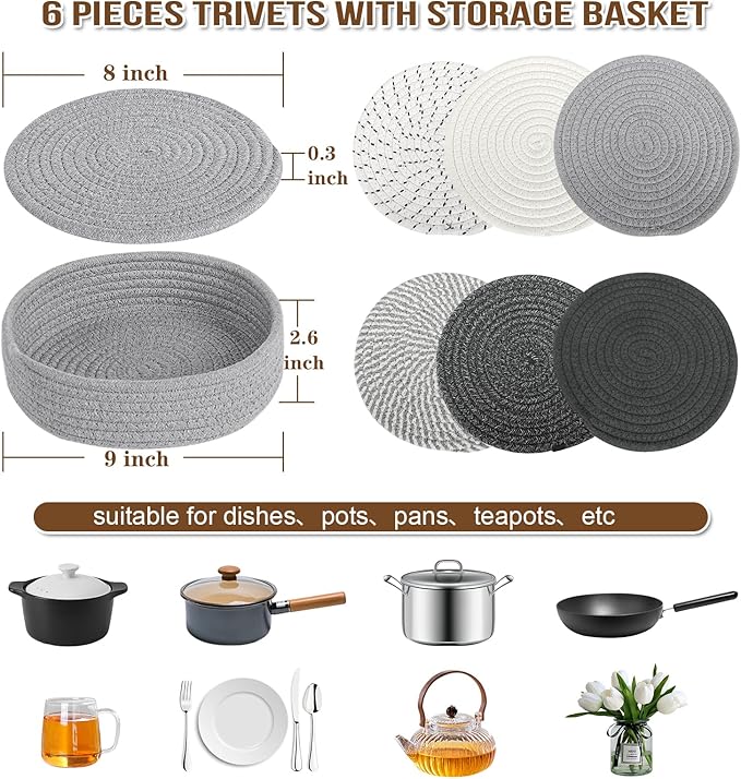 BUEDM 8 Inch Trivets for Hot Dishes, 6 Pcs Cotton Hot Pads with Basket