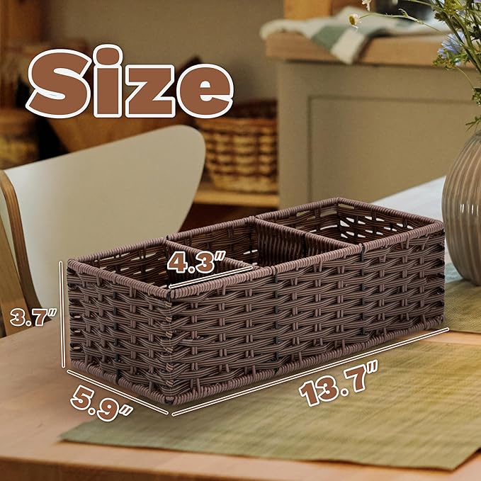 myHomeBody Wicker Basket With 3 Compartments, For Toilet Tank Paper Rolls, Hand Woven Bathroom Countertop Organizer, Bedroom Organization, 1pc, Dark Walnut