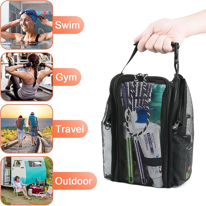 Cosmos Mesh Shower Caddy Toiletry Organizer Hanging Shower Tote Bag, Quick Dry Shower Organizer Portable Bath Bag with Durable Zippers & Side Pockets for Travel, Gym, Swimming, Beach and Camp