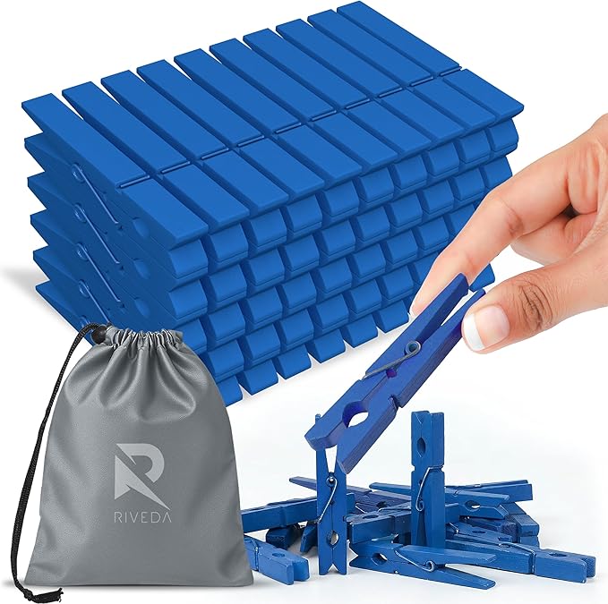 RIVEDA 50pcs Colored Wooden Clothes Pins, 2.9inch, Clothespins for Classroom, Clip Hanging Photos, DIY Clips for Crafts, Decorations (Dark Blue)