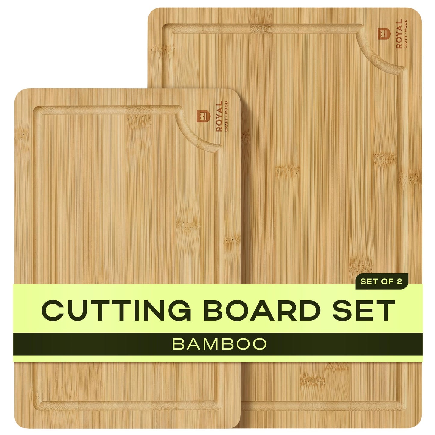 ROYAL CRAFT WOOD Wooden Cutting Boards for Kitchen Meal Prep & Serving - Bamboo Wood Serving Board Set with Deep Juice Groove Side Handles - Charcuterie & Chopping Butcher Block for Meat
