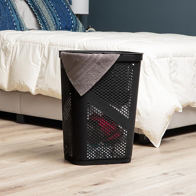 Mind Reader 60L Slim Laundry Hamper, Clothes Basket, Lid, Ventilated, Plastic, Set of 2, Black