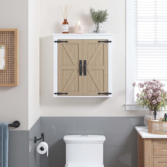 Spirich Bathroom Wall Cabinet Over Toilet, Farmhouse Wall Mounted Medicine Cabinet Organizer with Wood Grain Barn Doors and Adjustable Shelves