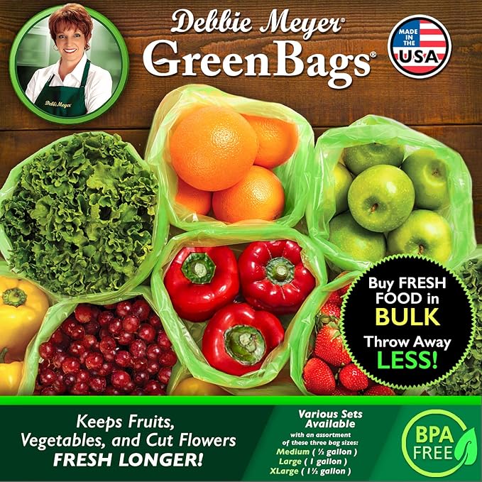 Debbie Meyer, GreenBags 32-Pack (16M, 8L, 8XL) | Reusable Storage Bags Keeps Fruit, Vegetables, Produce, Cut Flowers Fresh Longer, Kitchen & Fridge Preservation Solution, BPA Free, Made in the USA