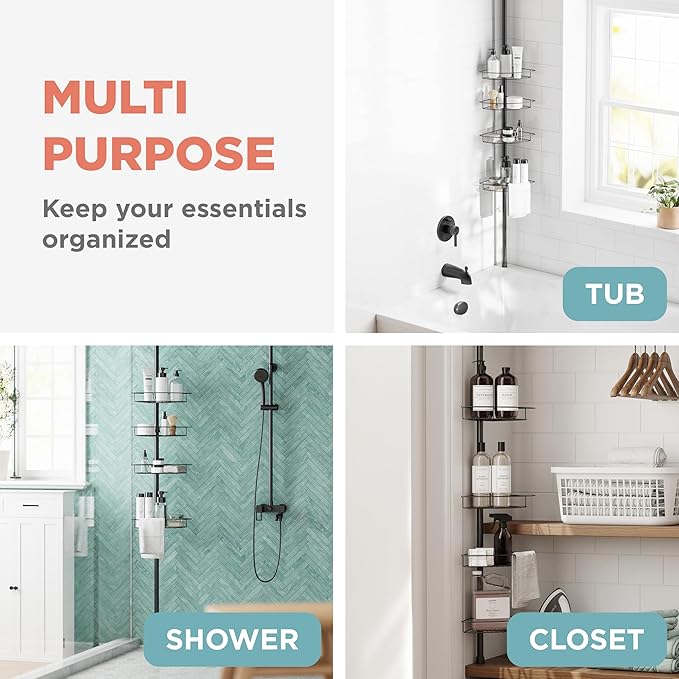 Zenna Home Tension Pole Shower Caddy Corner Organizer, Adjustable Standing Shower Caddy with 4 Baskets, Rust Resistant Bathroom Tension Rod Organizer, 60 to 97 Inch, Matte Black