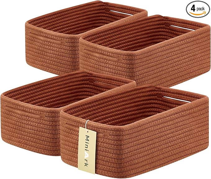 Small Storage Baskets for Organizing | Closet Organizer Bins | Shelf Toy Basket | Woven Rope Baskets | Cube Decorative Box | Shallow Basket | 13x8.5x5.1” | 4 Packs Oxide Red