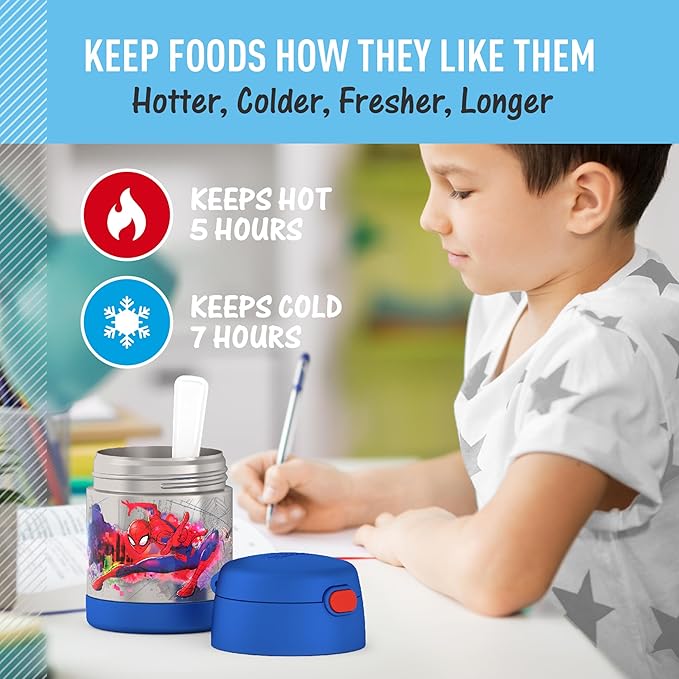 THERMOS FUNTAINER Insulated Food Jar, 10 Ounce, Kid Friendly Food Jar with Foldable Spoon, Spider-Man