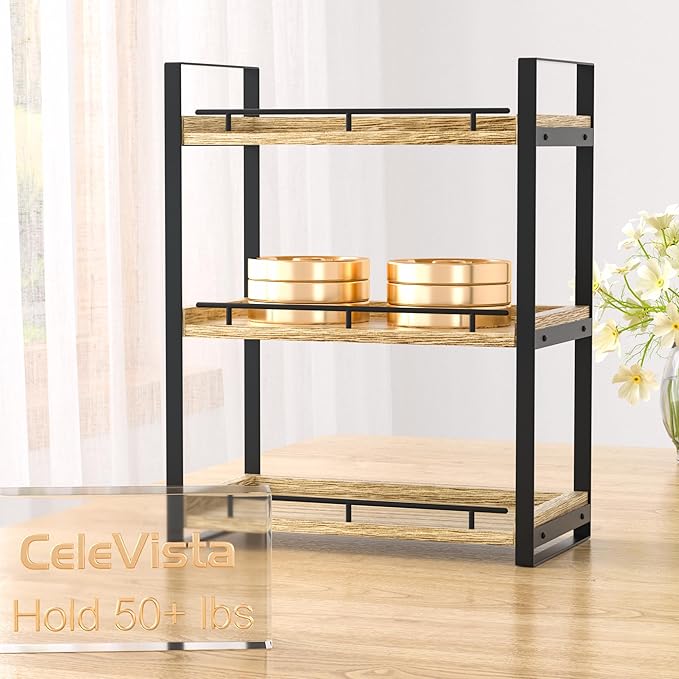 Bathroom Counter Organizer, 3 Tier Wood Countertop Shelf for Vanity, Skincare, Makeup, Kitchen Coffee and Sink Storage, with Durable Metal Bracket (Light Brown)