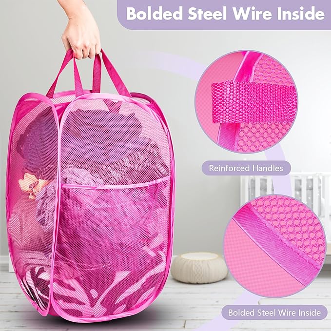 DUCOO Pop Up Hamper, 1 PCS Mesh Pop Up Laundry Hamper, Foldable Mesh Laundry Basket with Space-Saving Design for Home, Dorm, Travel & Storage - Pink