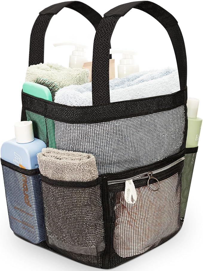 Mesh Shower Caddy Dorm, 7 Pockets & 1 with Zipper, Shower Tote with Padded Handles, Travel Portable, Shower Caddy College Room Essentials, Bathroom Shower Bag (Black)