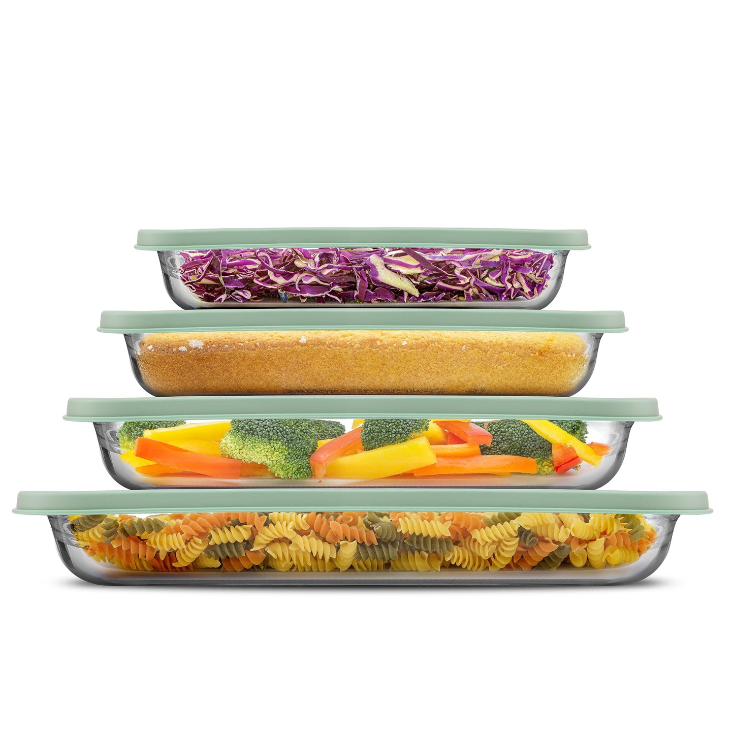 JoyJolt 8-Piece Borosilicate Glass Oven Dishes with Powder Blue Lids, Rectangle Deep Glass Baking Dish Set, Baking Pans for Lasagna Casserole Cake, Bakeware Set, Freezer to Oven Tray to Dishwasher