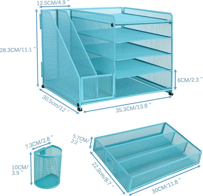 Desk Organiser File Holder With 2 Pen Holder, 5 Tier Paper Letter Tray Organiser with Drawer,Mesh Desktop Storage with Magazine Holder for Office Supplies, Sky Blue