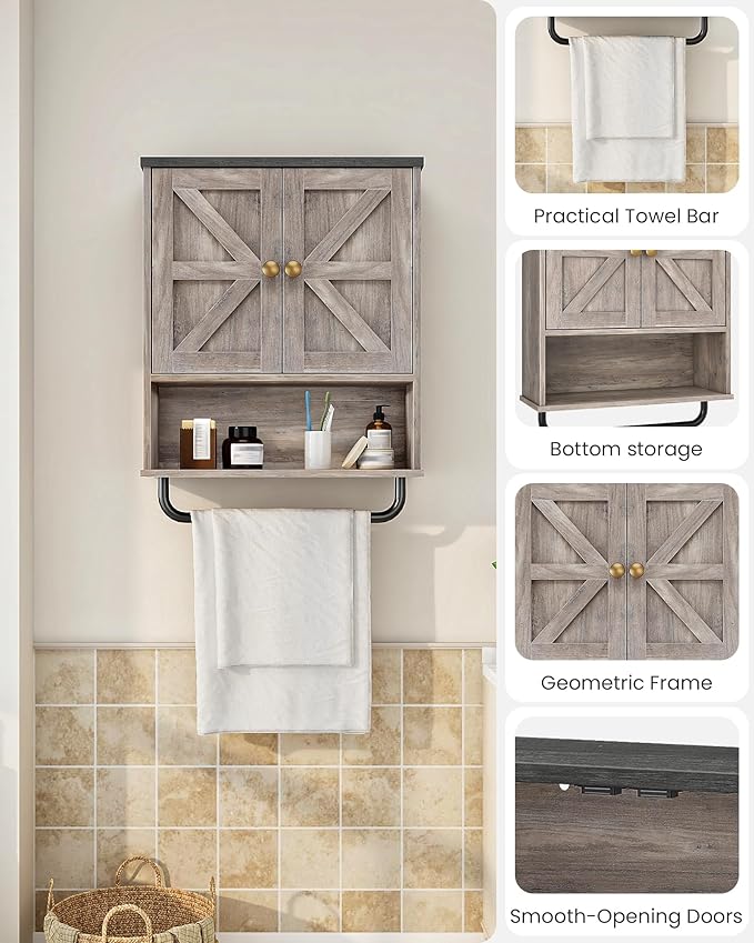 Bathroom Wall Cabinet, Medicine Cabinet with Open Partition and Towel Bar, Rustic Storage Cabinet with Open and Hidden Storage Space, for Bathroom, Living Room, Greige and Charcoal Black