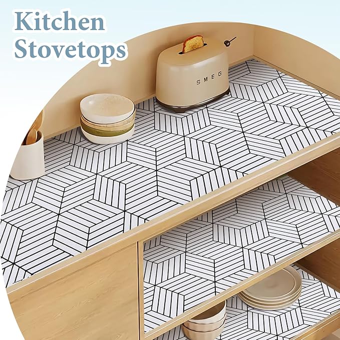 Shelf Liners for Kitchen Cabinets 17in x 20FT, Non Adhesive Cabinet Liner Strong Non-Slip Thickened Black White Geometric Drawer Liner, Easy to Clean for Shelf, Cabinet with Knife and Tape Measure