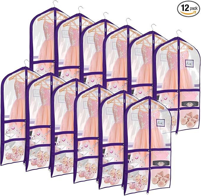 Univivi Clear PVC Dance Costume Bags Garment Bag 40 Inch for Dance Competitions, with 4 Medium Clear Zipper Pockets and 1 Large Back Zippered Pocket (12 Pack, Clear Purple)