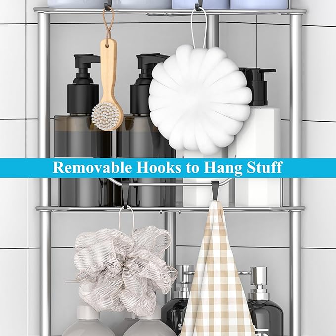 5 Tier Floor Standing Corner Shower Caddy Organizer Shelf with Hooks, Bathroom Shelves Stand Rack, Gray
