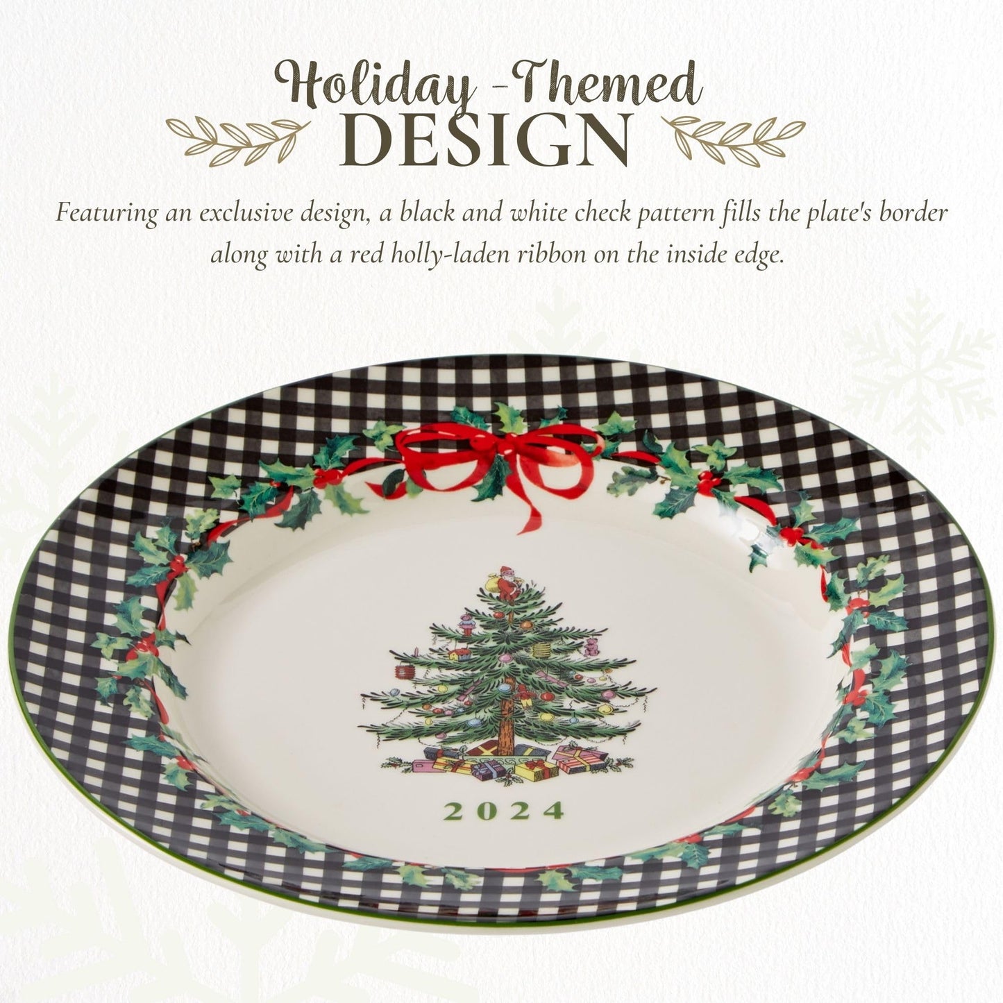 Spode Christmas Tree Collector Plate - Exclusive Border with Red Ribbon & Black Check, Seasonal Display or Holiday Tableware Use, 8" Porcelain Plate - Microwave & Dishwasher Safe, Great Holiday Gift