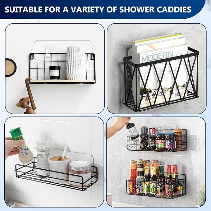 Shower Caddy Adhesive Replacement Hooks, Strong Waterproof Strips, No Drilling for Bathroom Shelves, Kitchen Racks, and Soap Holders (Transparent-8Pack 2Hook)