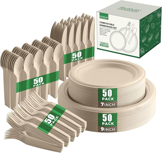 250 Pcs Biodegradable Paper Plates Set Disposable Dinnerware