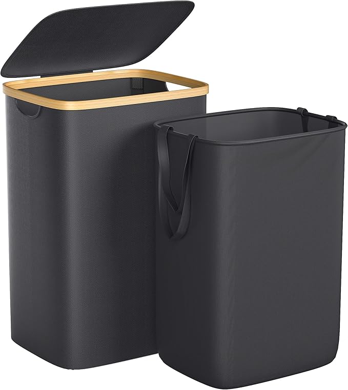 Large Laundry Hamper, 75L Waterproof Laundry Basket with Lid and Removable Bag, Collapsible Tall Clothes Hamper with Bamboo Handles for Clothes Toys in Dorm Bedroom Bathroom, Black