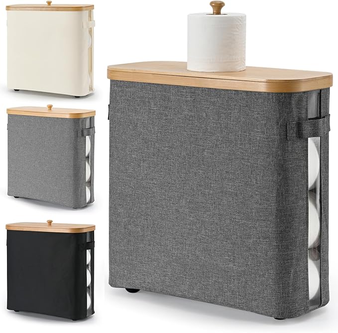 32L Bathroom Toilet Paper Storage Basket with Lid and Handle - Mega Capacity， Bamboo Collapsible Toilet Paper Holder Storage with Non-Slip Bottom, Extra Toilet Roll Storage, Elegant Gray，1 Pack