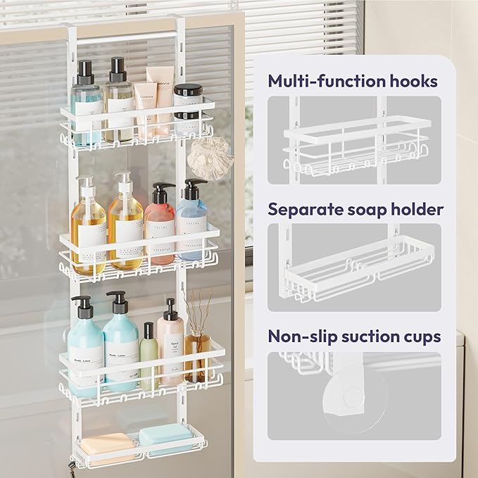 SWTYMIKI Over The Door Shower Caddy - 4 Tier Rustproof Hanging Shower Organizer with Adjustable Shelves, 40 Hooks & Soap Holder, Hanging Shower Rack Storage for Bathroom Accessories, White