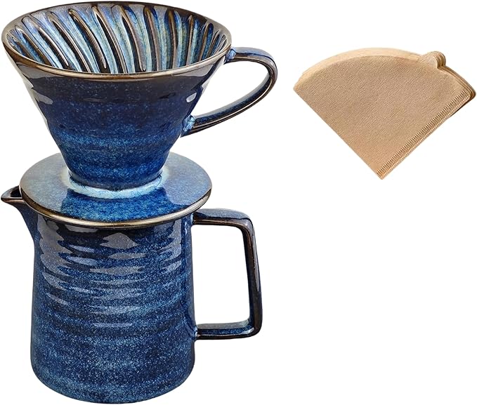 HYAXGM Pour Over Coffee Maker,Ceramic Coffee Maker With 40 pcs Paper Filter，15oz/450ml Pour Over Coffee Dripper (Starry Blue, V02)