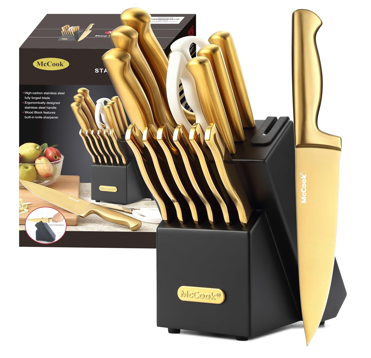 McCook® Kitchen Knife Sets, Golden Titanium Stainless Steel Knives Block Set with Built-in Sharpener, 20 Piece Knives, Restaurant Grade Sharp, Elegant Gold & Stylish Wooden Block for Modern Culinary