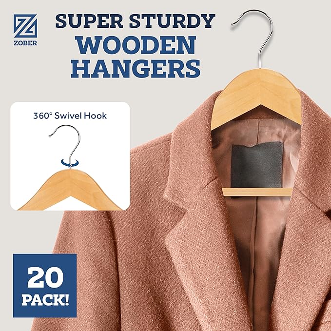 ZOBER High-Grade Wooden Hangers - Heavy Duty, Non Slip Wood Hangers for Coats, Jackets, Suits, & Pants - Clothes Hangers for Closet W/Bar and Notches 20 Pack