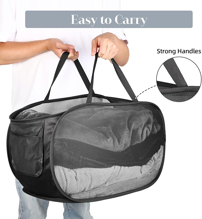 Durable Collapsible Laundry Baskets, Mesh Pop Up Laundry Hamper with Side Pocket, Foldable Clothes Hamper with Reinforced Carry Handles for Laundry, Bathroom, Kids Room, Dorm or Travel 2 Pack Black